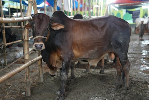 A brown cow stands in an animal market in Dhaka, Bangladesh, illustrating traditional farming practices.